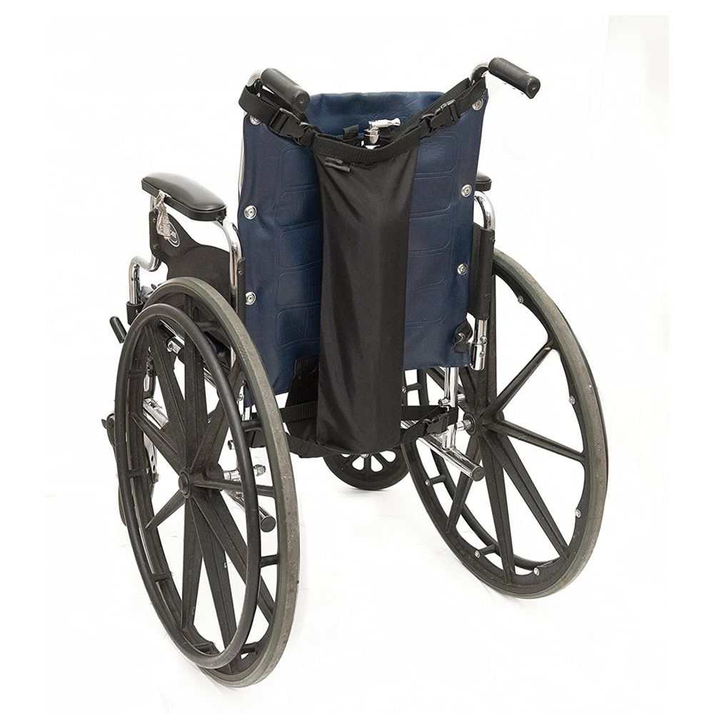 Black oxygen cylinder bag with buckles for wheelchairs, universal fit, adjustable straps, water-resistant Oxford cloth