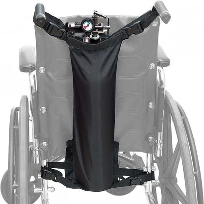 Black oxygen cylinder bag with buckles for wheelchair attachment