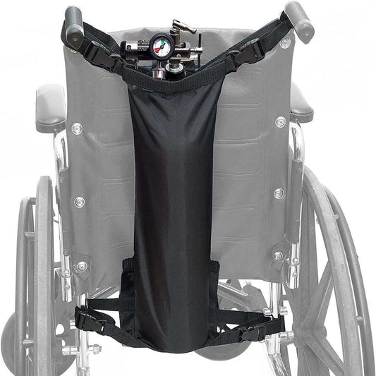 Black oxygen cylinder bag with buckles for wheelchair attachment