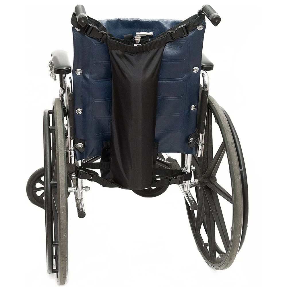 Black oxygen cylinder bag with adjustable straps for wheelchairs, fits most oxygen tanks