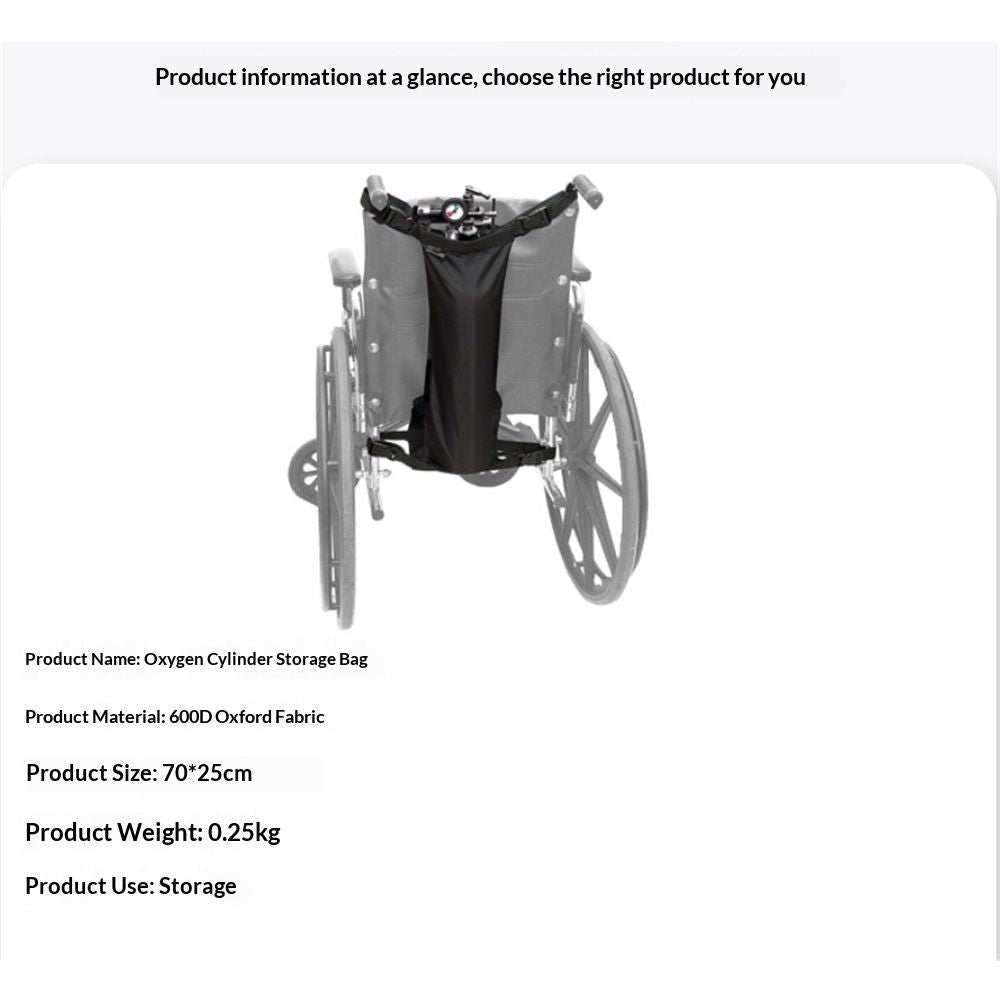 Black oxygen cylinder bag with buckles for wheelchairs, fits most oxygen tanks and wheelchairs