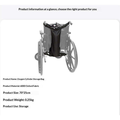 Black oxygen cylinder bag with buckles for wheelchairs, fits most oxygen tanks and wheelchairs