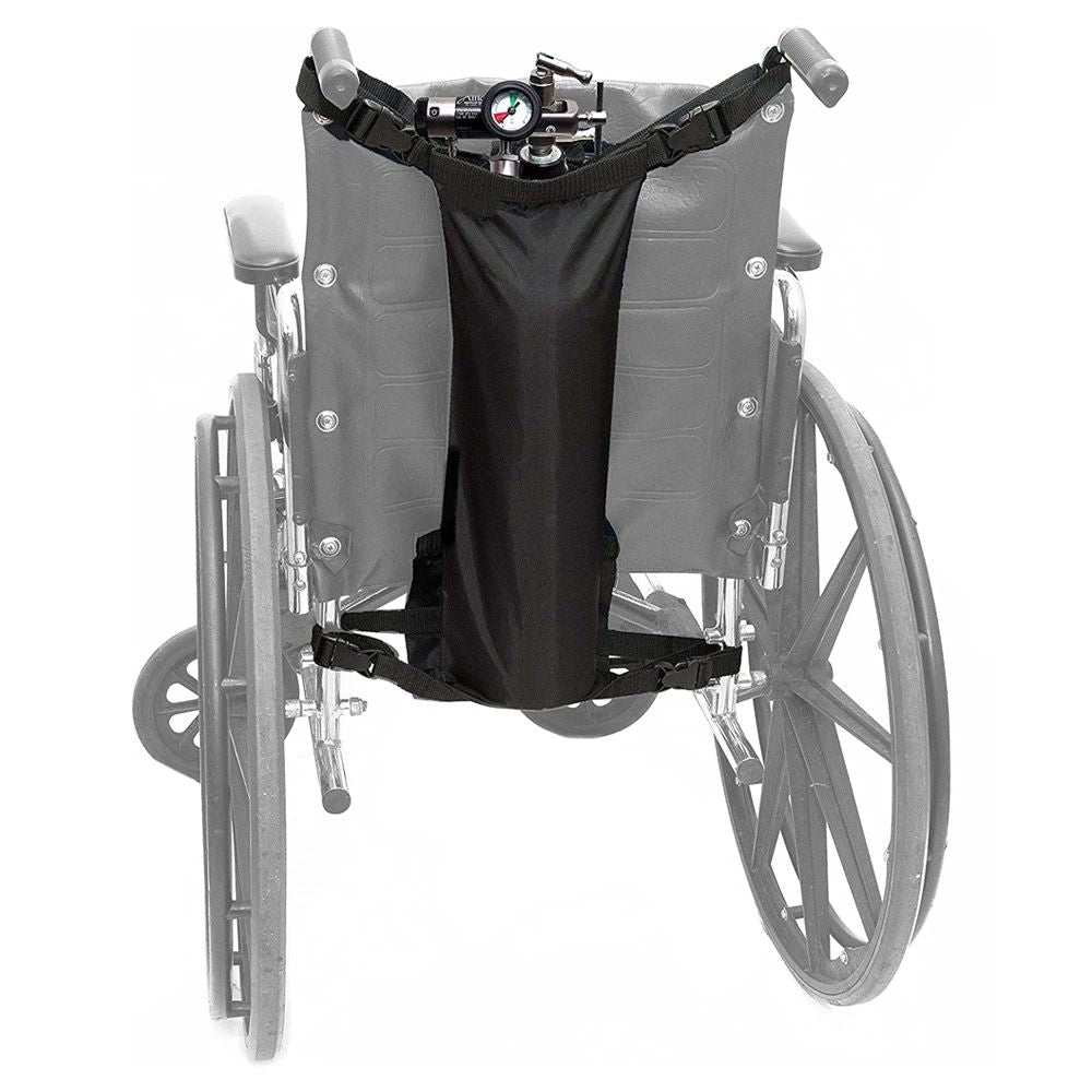 Black oxygen cylinder bag with buckles attached to wheelchair, fits most oxygen tanks