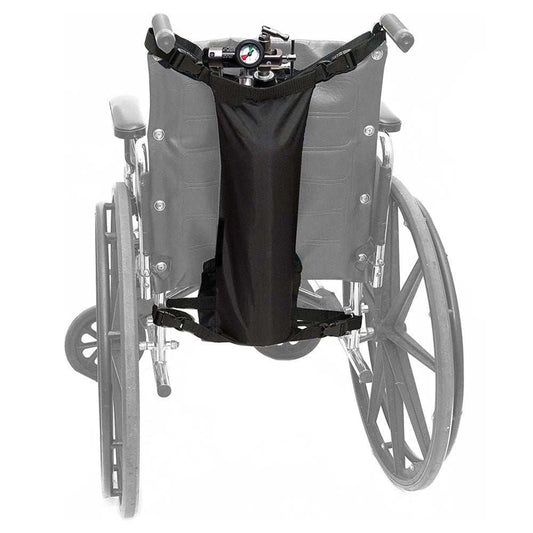 Black oxygen cylinder bag with buckles attached to wheelchair, fits most oxygen tanks