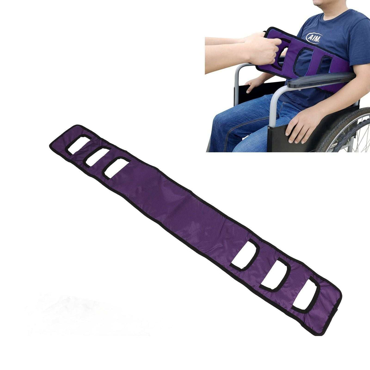 Purple padded patient transfer sling gait belt with adjustable handles for elderly mobility aid