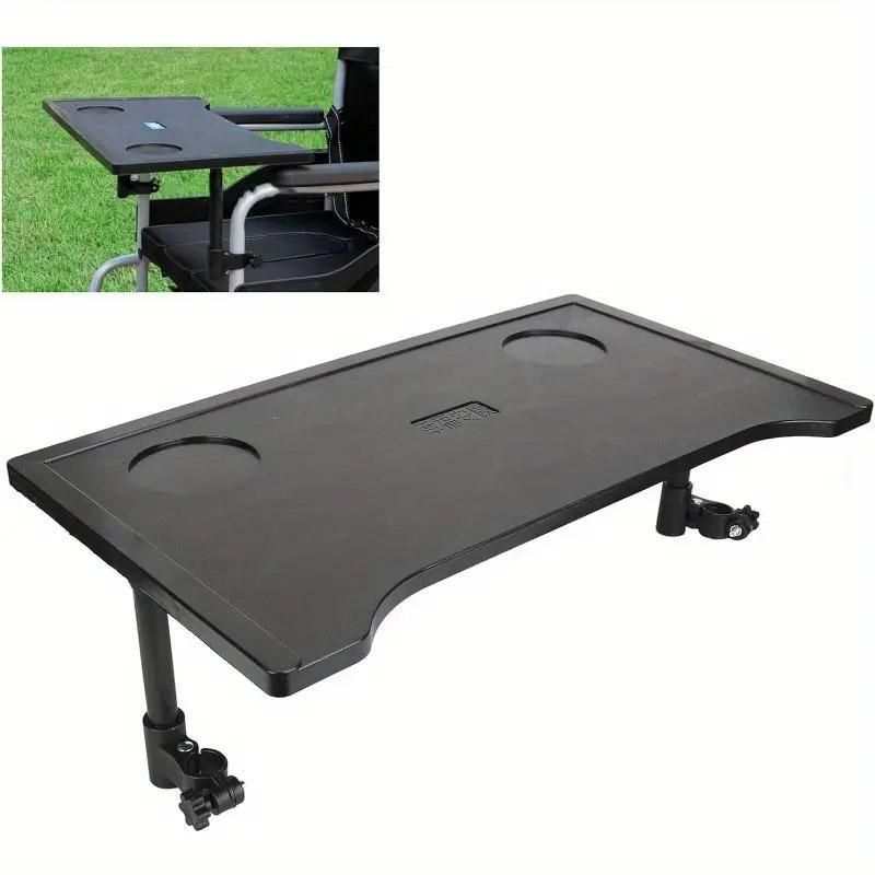 Plastic dining table tray with cup holders and textured surface for wheelchair and elderly mobility use