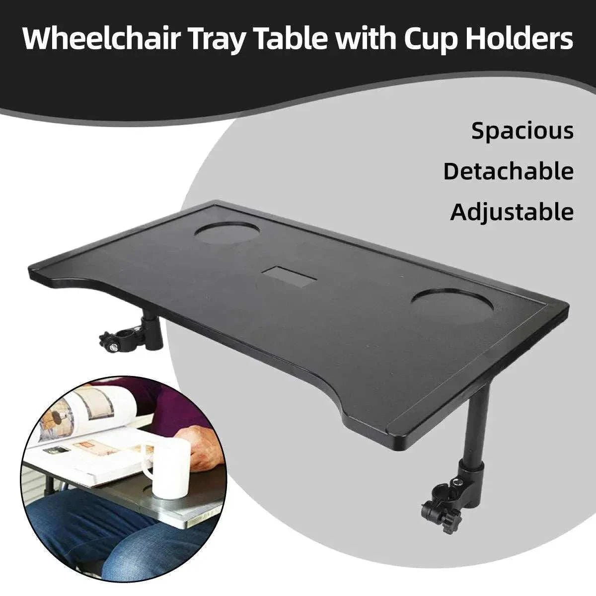 Plastic dining table tray attached to wheelchair with cup holders and textured non-slip surface for elderly mobility use