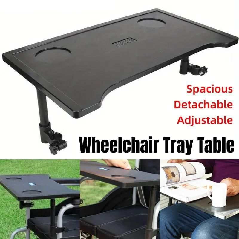 Plastic dining table tray with cup holders and textured surface attached to wheelchair for elderly mobility use