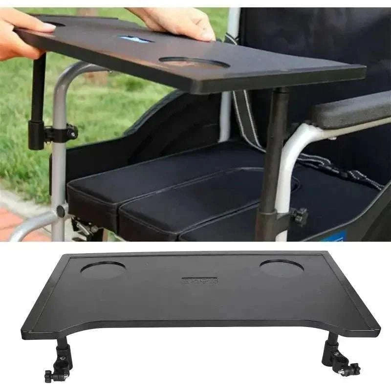 Plastic dining table tray with cup holders and textured surface for wheelchair and elderly mobility use