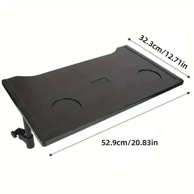 Plastic dining table tray with cup holders and textured surface attached to wheelchair for elderly mobility use