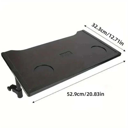 Plastic dining table tray with cup holders and textured surface attached to wheelchair for elderly mobility use