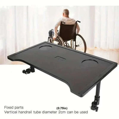 Plastic dining table tray attached to wheelchair with cup holders and textured surface for elderly mobility use