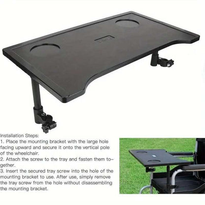 Plastic dining table tray with cup holders and textured surface attached to wheelchair for elderly mobility use