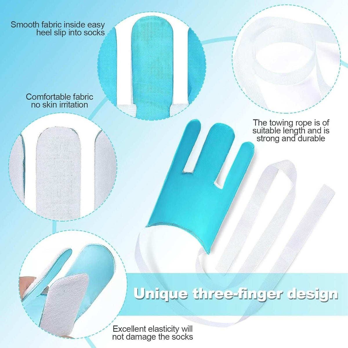Portable Complete Independent Living Mobility Kit with no-bend three-finger sock aid and blue extendable 3-in-1 dressing hook and shoe horn