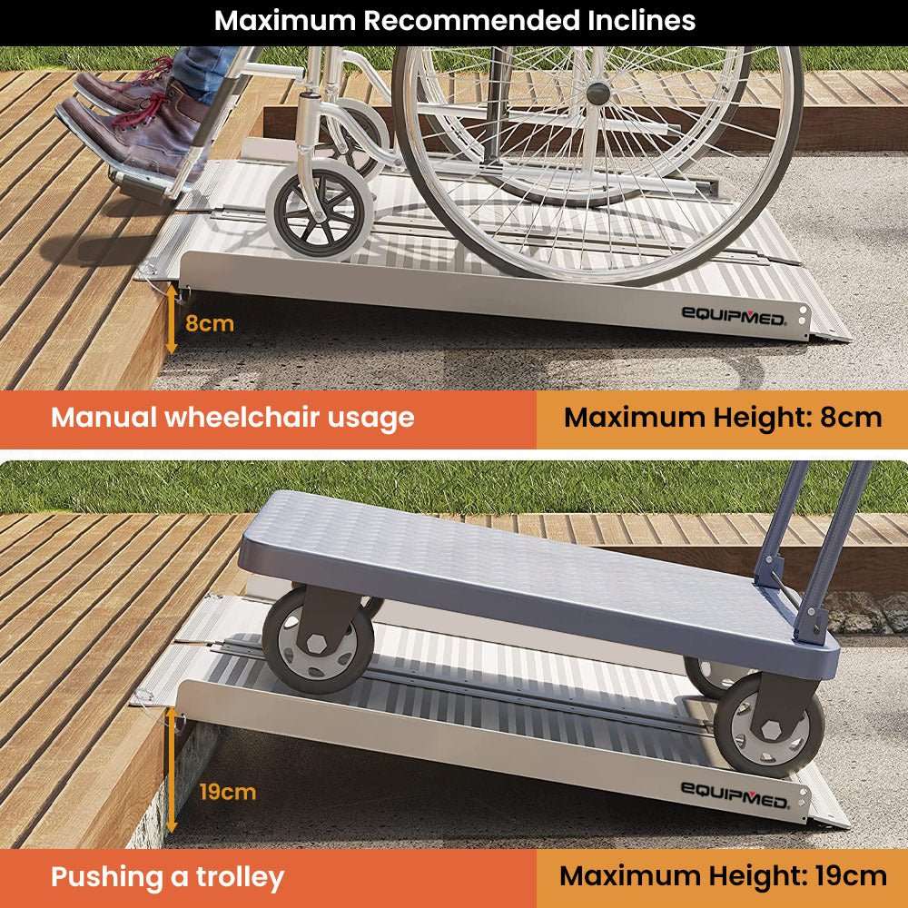 Portable folding aluminium access ramp with non-slip surface and side rails, 91cm wide, 272kg load capacity