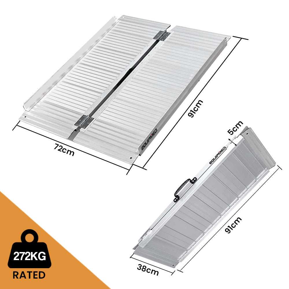 Portable folding aluminium access ramp, 91cm wide, 272kg load capacity, serrated non-slip surface