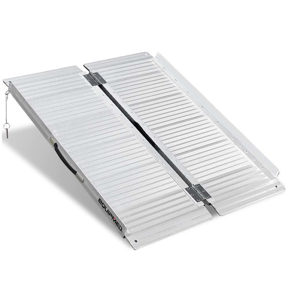 Portable folding aluminium access ramp 91cm wide with non-slip surface and side rails