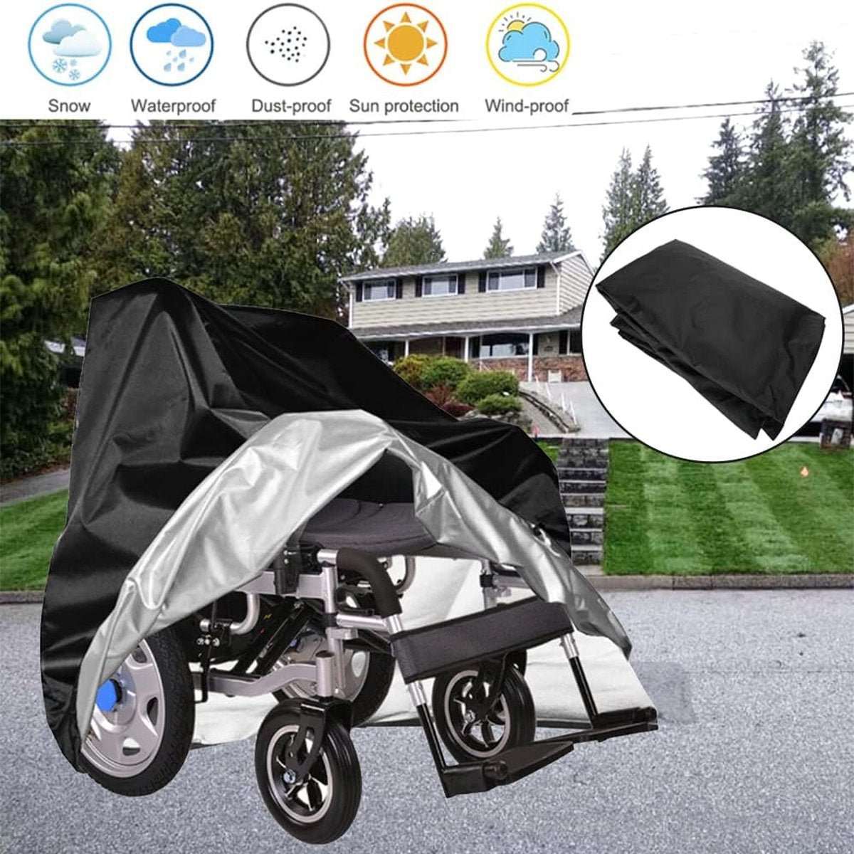 Waterproof universal wheelchair cover 130x115x75 cm with adjustable drawstring and UV protection