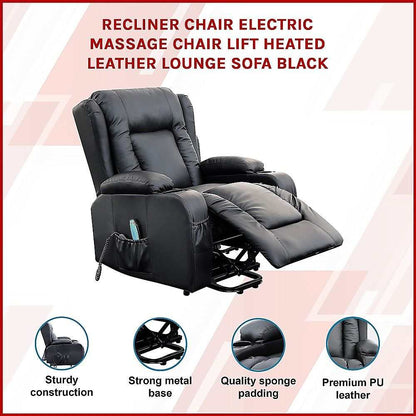 Recliner Chair – Electric Massage Lift Chair with Heat Function PU Leather Lounge Sofa Black - Oz Mobility Store