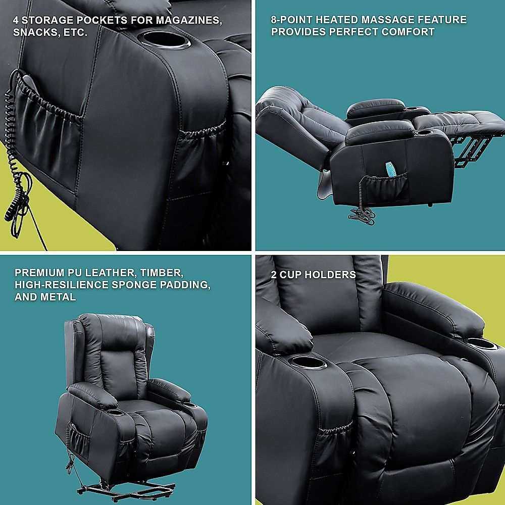Recliner Chair – Electric Massage Lift Chair with Heat Function PU Leather Lounge Sofa Black - Oz Mobility Store