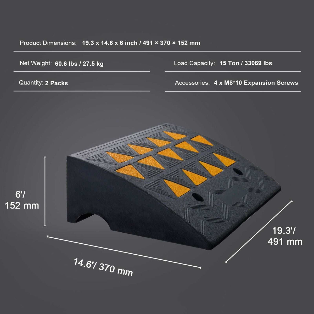 Heavy-duty rubber curb ramp set with 15.2 cm rise, stable grid structure, and 15 tons load capacity for cars, wheelchairs, and bikes