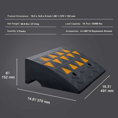 Heavy-duty rubber curb ramp set with 15.2 cm rise, stable grid structure, and 15 tons load capacity for cars, wheelchairs, and bikes