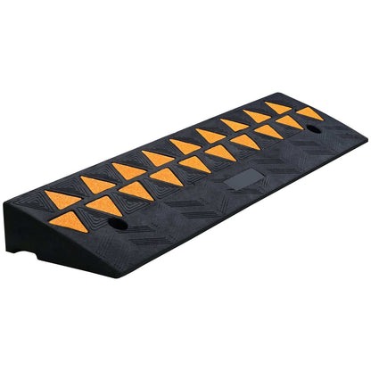 Heavy duty rubber curb ramp with reflective strips and non-slip surface for vehicles and wheelchairs.