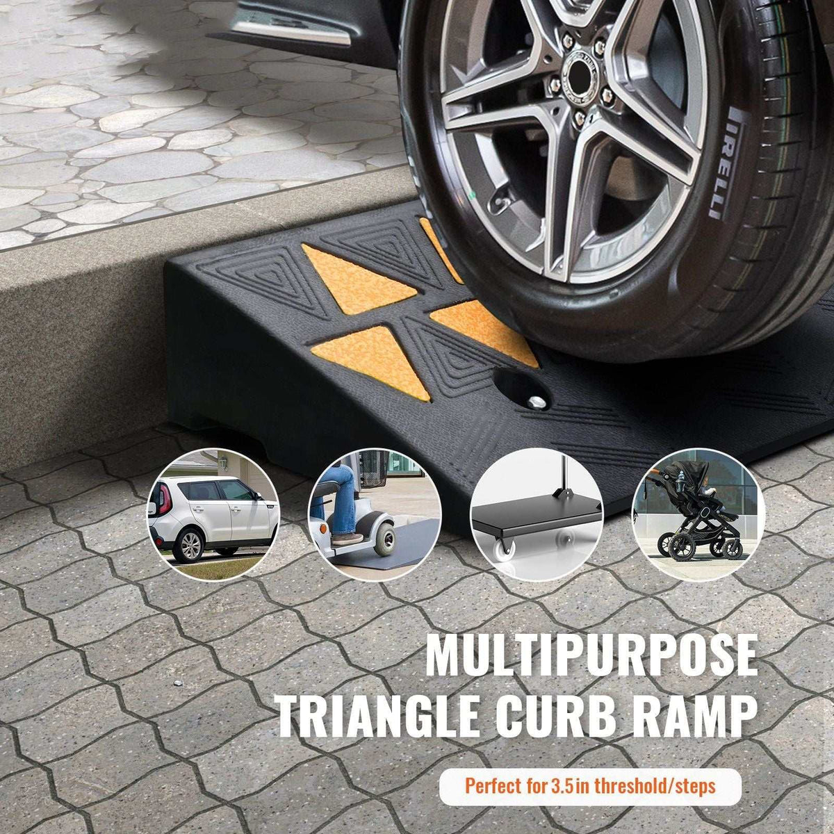 Heavy duty rubber curb ramp with 9.4 cm rise, 25 cm width, 100 cm length, non-slip surface, reflective strips, and screw grooves for secure installation.