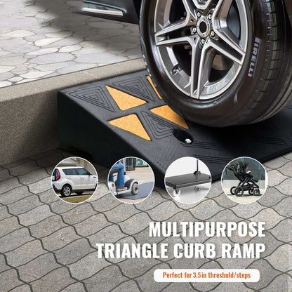 Heavy duty rubber curb ramp with 9.4 cm rise, 25 cm width, 100 cm length, non-slip surface, reflective strips, and screw grooves for secure installation.