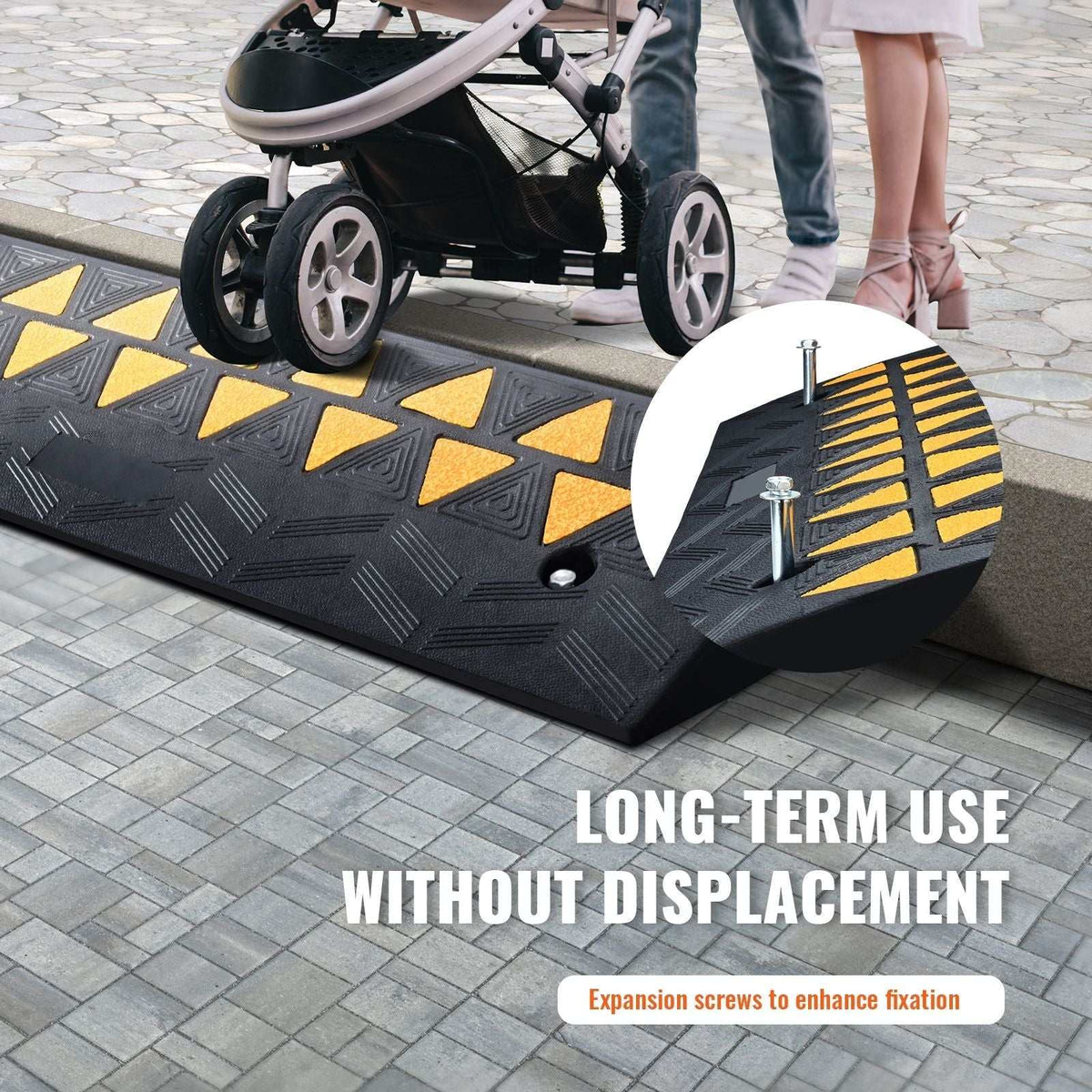 Heavy-duty rubber curb ramp with 9.4 cm rise, non-slip surface, reflective strips, and 15-ton capacity for vehicles and wheelchairs