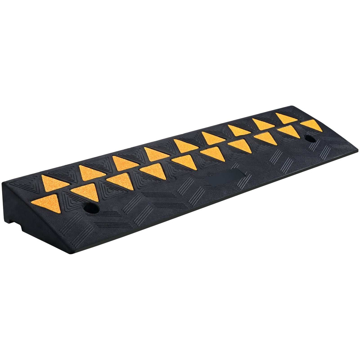 Heavy duty rubber curb ramp with 9.4 cm rise, non-slip surface, reflective strips, and 15-ton capacity for vehicles and wheelchairs.