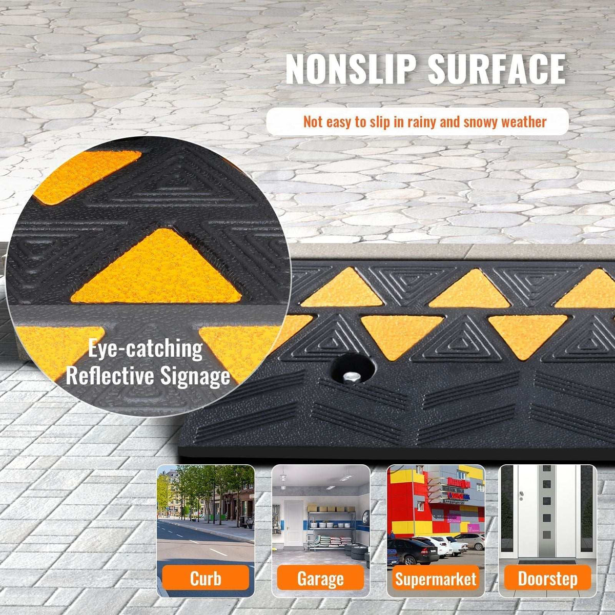 Heavy duty rubber curb ramp with 9.4 cm rise, 25 cm width, 100 cm length, non-slip surface, reflective strips, and screw grooves for secure fixing.