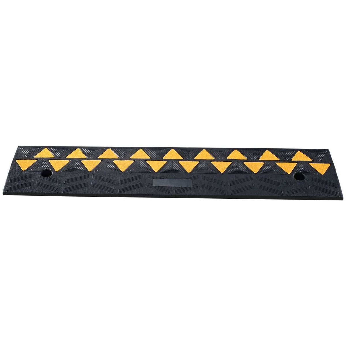 Heavy duty rubber curb ramp with reflective strips, non-slip surface, and screw grooves for secure driveway use