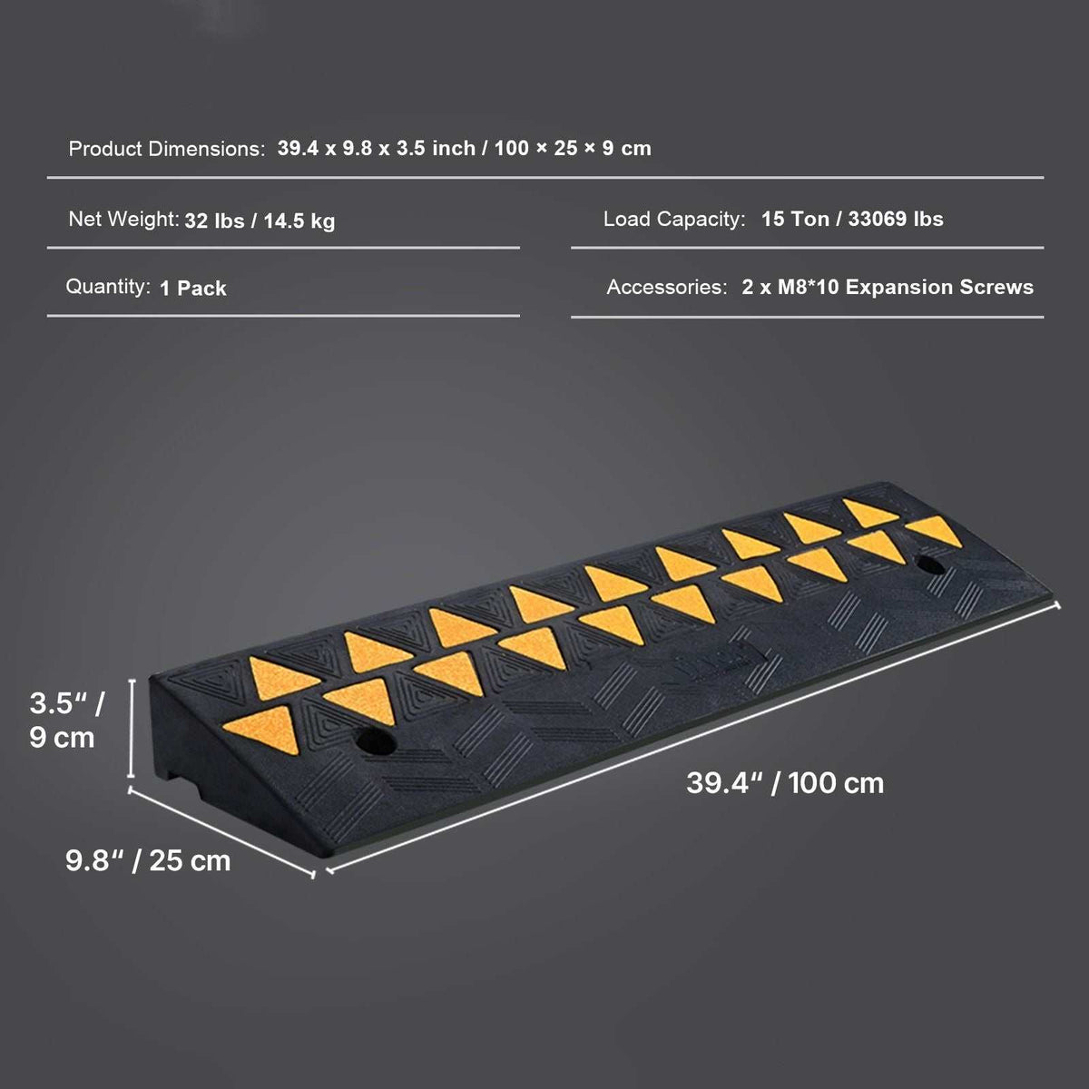 Heavy duty rubber curb ramp with reflective strips and non-slip surface for vehicles and wheelchairs