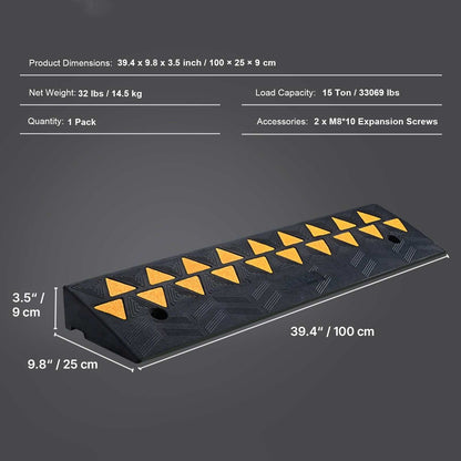 Heavy duty rubber curb ramp with reflective strips and non-slip surface for vehicles and wheelchairs