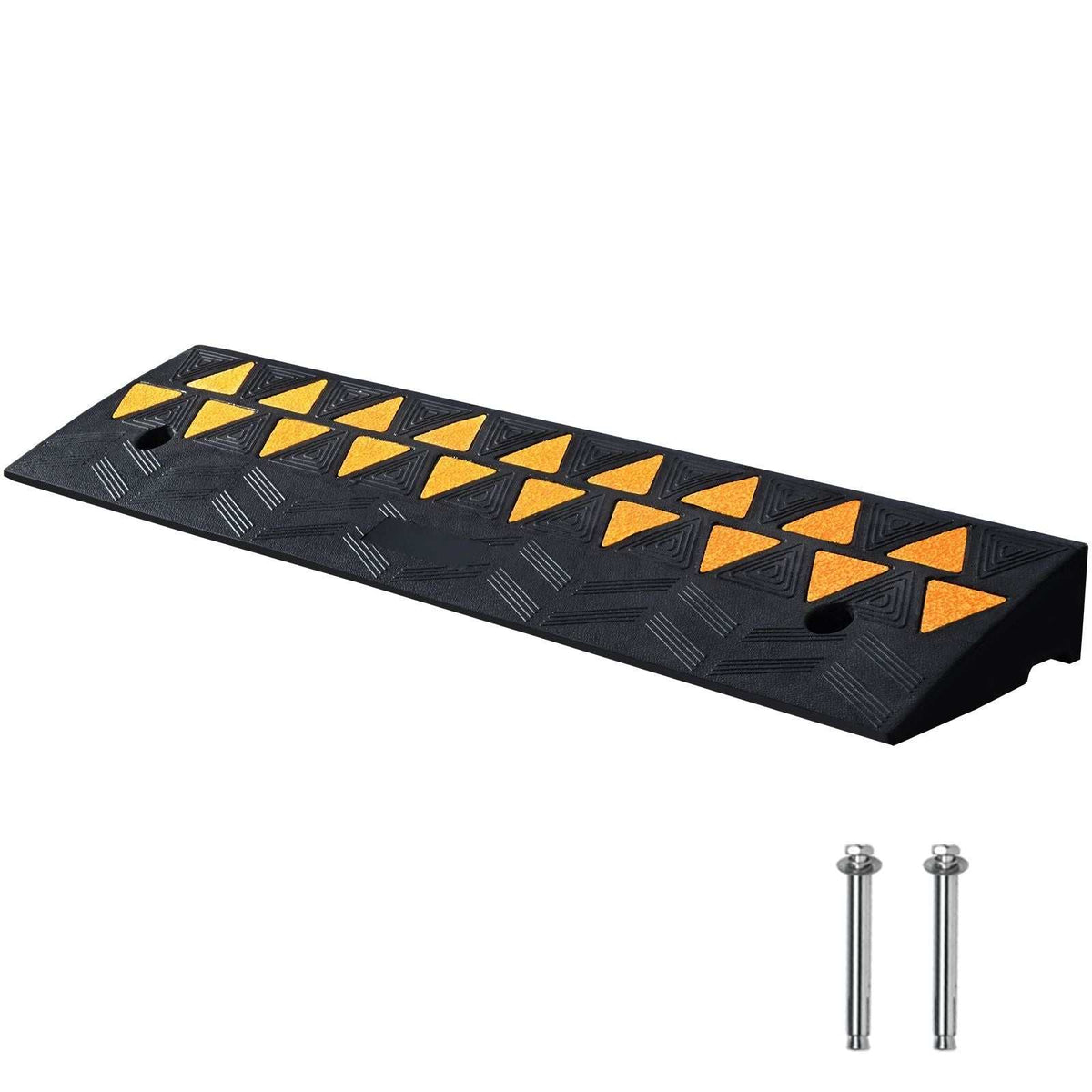 Heavy duty rubber curb ramp with non-slip surface and reflective strips for wheelchairs, cars, and forklifts