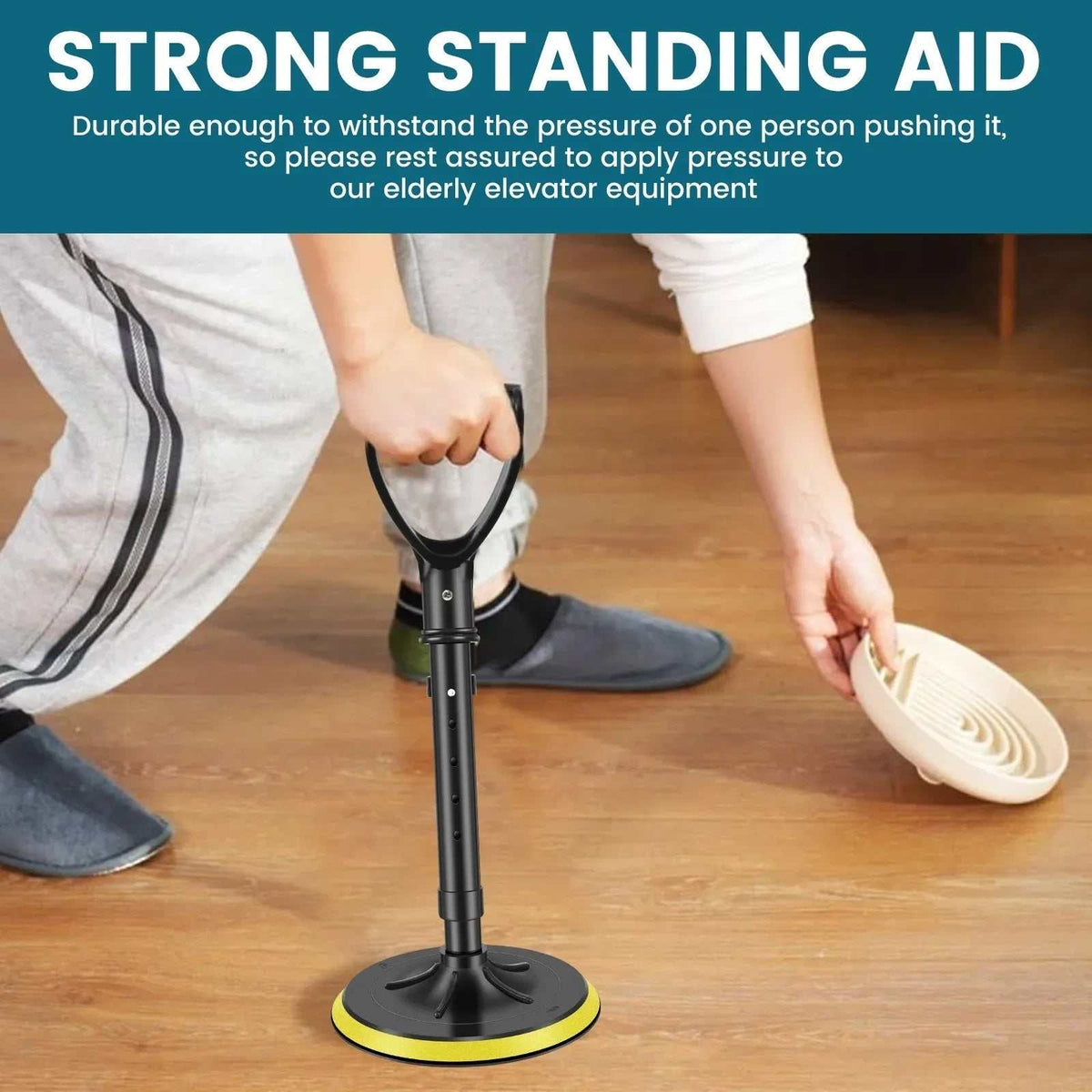 Height-adjustable yellow stand assist mobility aid with heavy-duty metal frame and non-slip base for elderly support