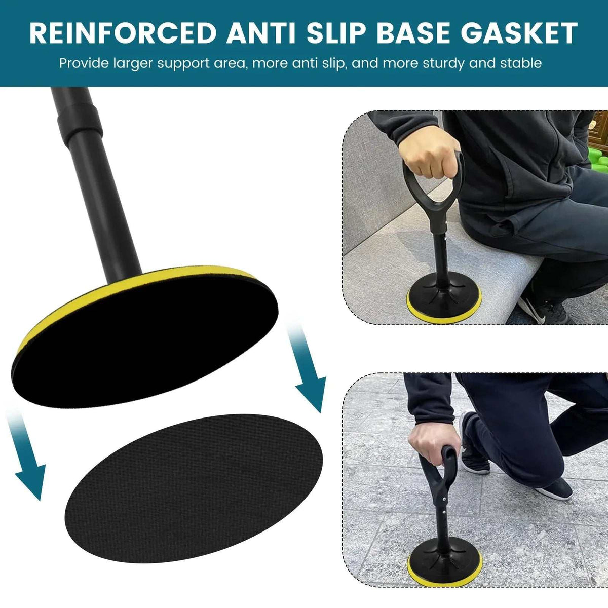 Height-adjustable yellow stand assist mobility aid with heavy-duty metal frame and non-slip base for elderly support