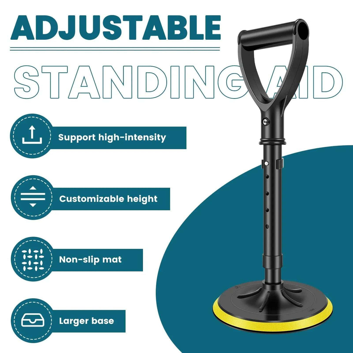 Height-adjustable yellow stand assist mobility aid with heavy-duty metal frame and non-slip base for elderly support