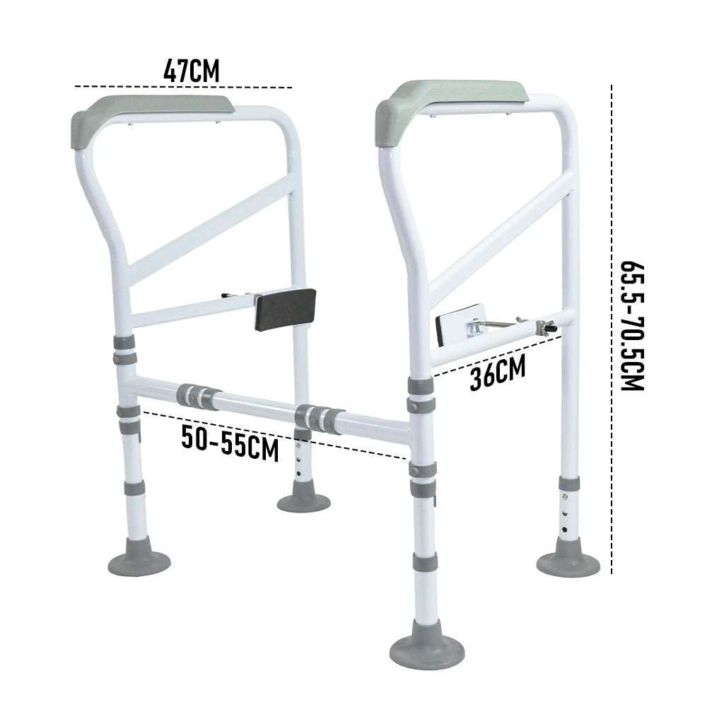 Adjustable white toilet frame support with sturdy grab handles for elderly and disabled assistance