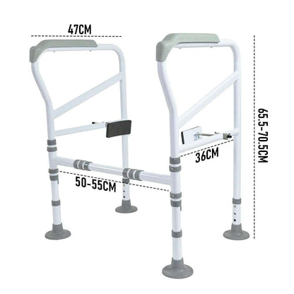 Adjustable white toilet frame support with sturdy grab handles for elderly and disabled assistance