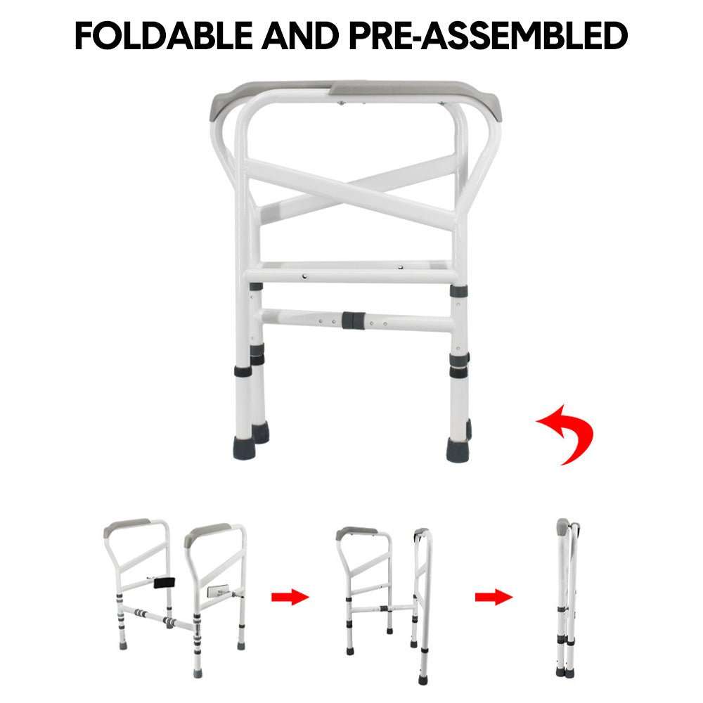 Adjustable white metal toilet frame support with sturdy grab handles for elderly and disabled users