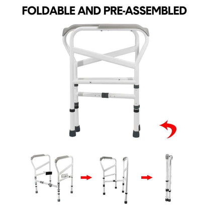 Adjustable white metal toilet frame support with sturdy grab handles for elderly and disabled users