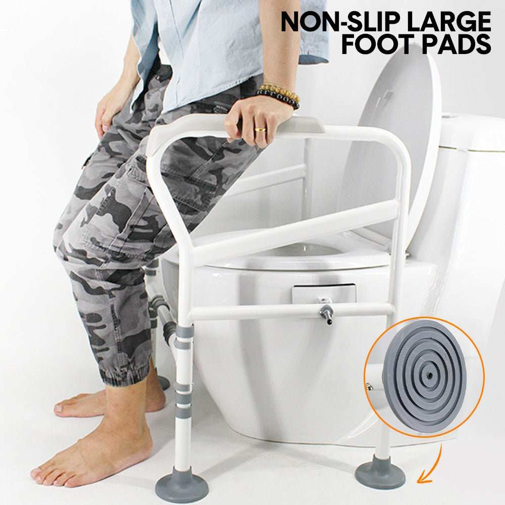 Adjustable white toilet frame support with safety grab handle and anti-slip feet for elderly and disabled users