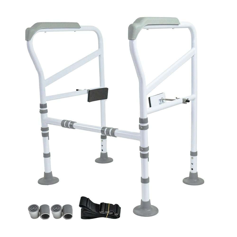 Adjustable white toilet frame support with safety grab handles for elderly and disabled individuals