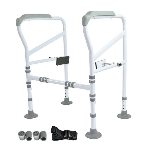 Adjustable white toilet frame support with safety grab handles for elderly and disabled individuals