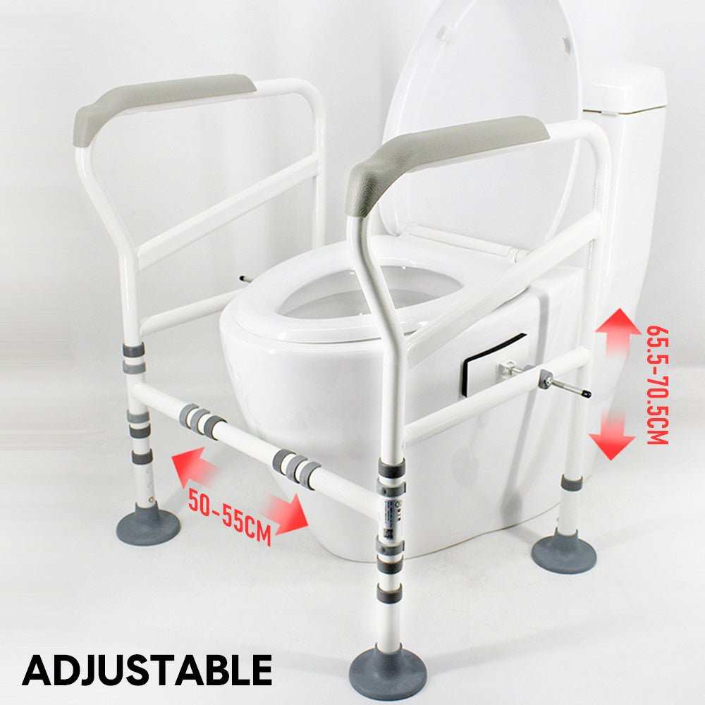 Adjustable white toilet frame support with safety grab handles for elderly and disabled users