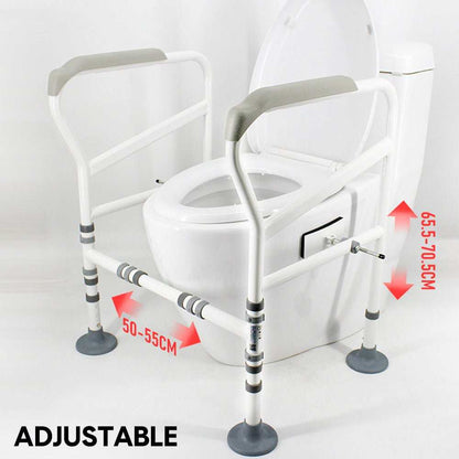 Adjustable white toilet frame support with safety grab handles for elderly and disabled users