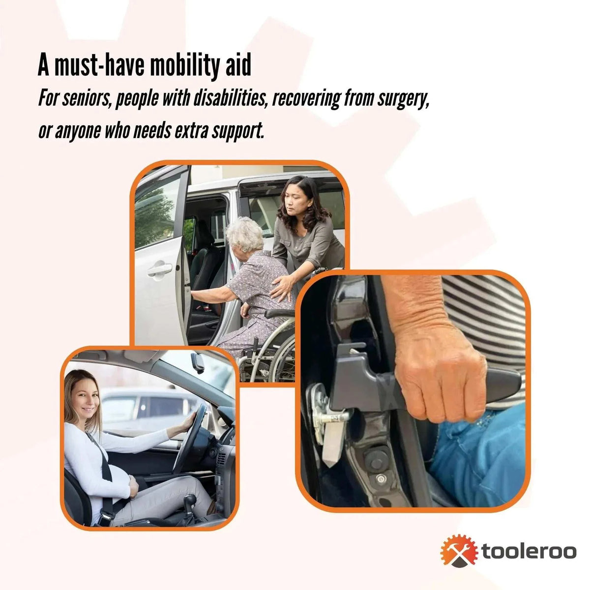 Tooleroo Car Cane Handle 3-in-1 Handy Grip attached to car door latch for easy vehicle entry and exit