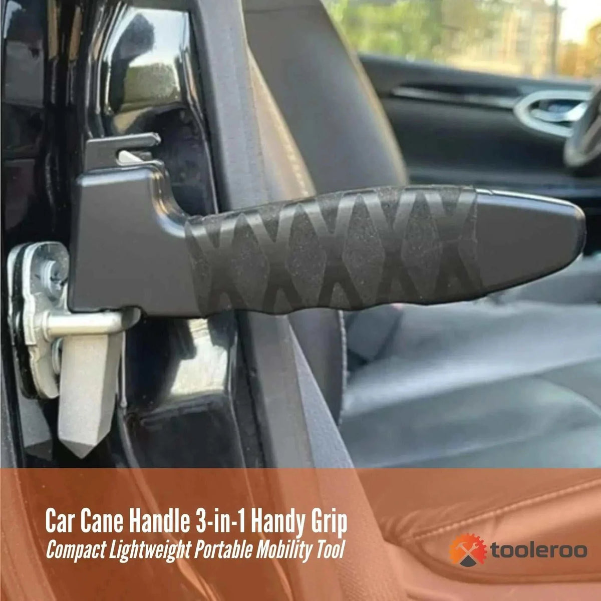 Tooleroo Car Cane Handle 3-in-1 lightweight ergonomic mobility grip for car door latch with seatbelt cutter and window breaker